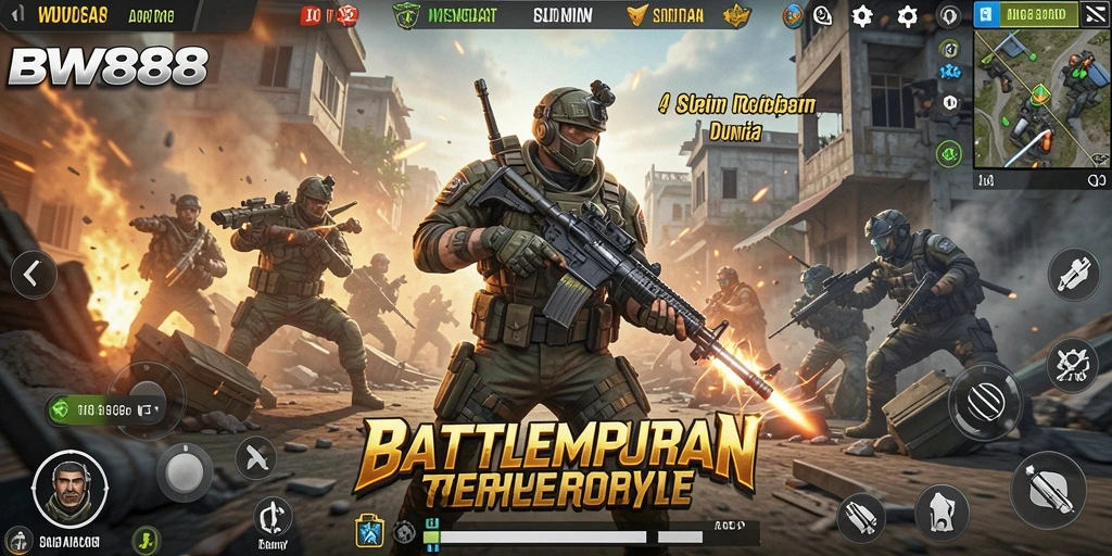 Tangkapan layar utama BW888 menampilkan aksi pertarungan seru Battle Royale.