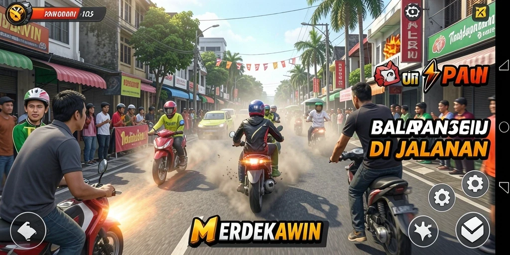 Screenshot gameplay <strong>MERDEKAWIN</strong> dengan mobil balap di jalur yang menantang.