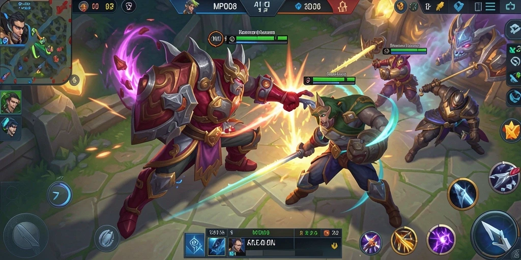 Screenshot gameplay MPO08 menampilkan pertempuran seru antar karakter MOBA.