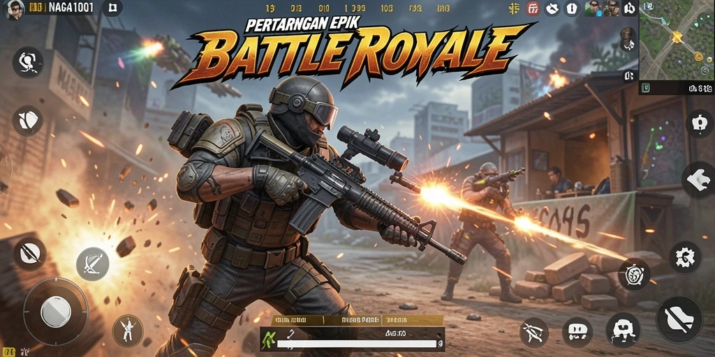 Screenshot gameplay NAGA1001 menunjukkan pertempuran intens dalam arena Battle Royale.