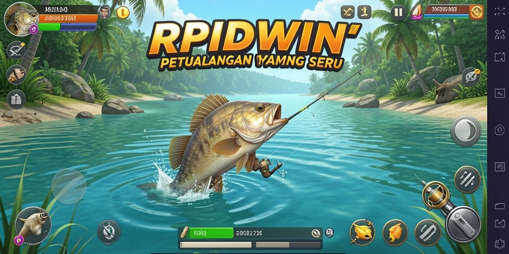 Screenshot gameplay RPIDWIN menampilkan aksi memancing yang mendebarkan.