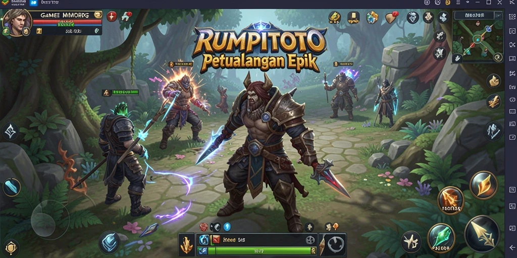 Screenshot gameplay RUMPITOTO menampilkan pertarungan epik dalam dunia fantasi.