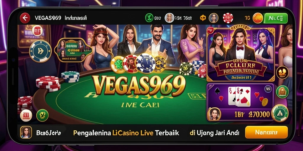 Screenshot gameplay VEGAS969 yang menampilkan dealer langsung dan pemain menikmati permainan.